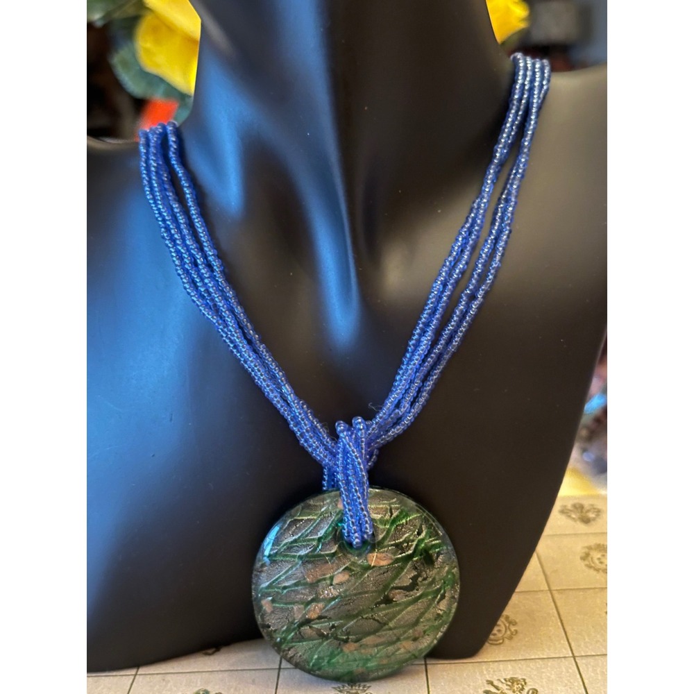 Emerald Green Dichroic Glass Round Pendant Necklace Blue Seed Bead Multi-Strand